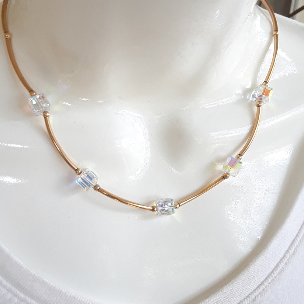 14k gold filled tube and Swarovski cube necklace